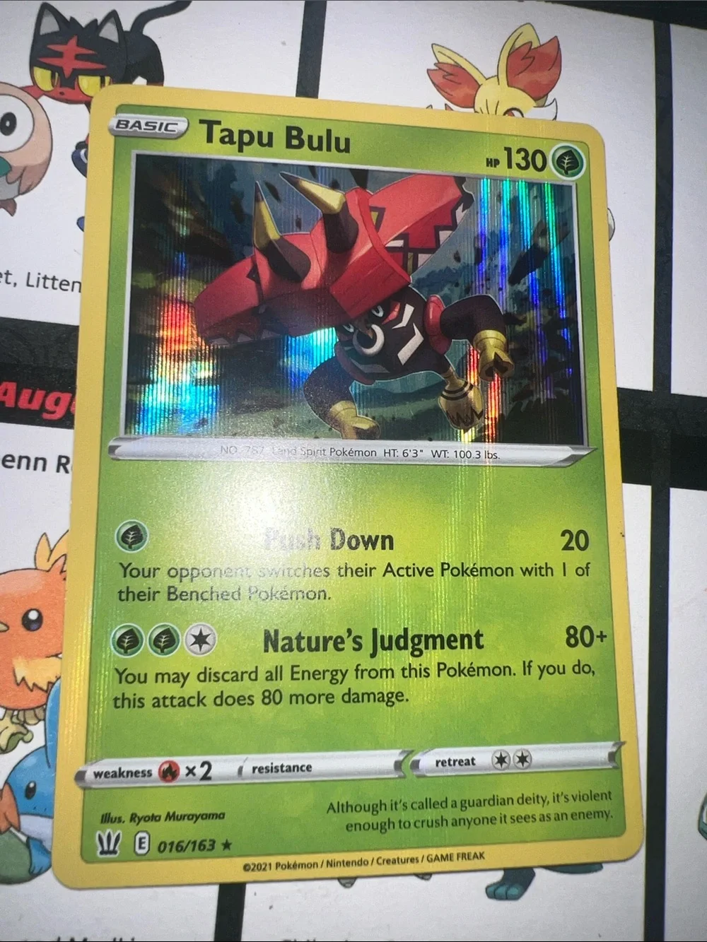 Pokemon Tapu Bulu Holographic Card — Yellow & Green
